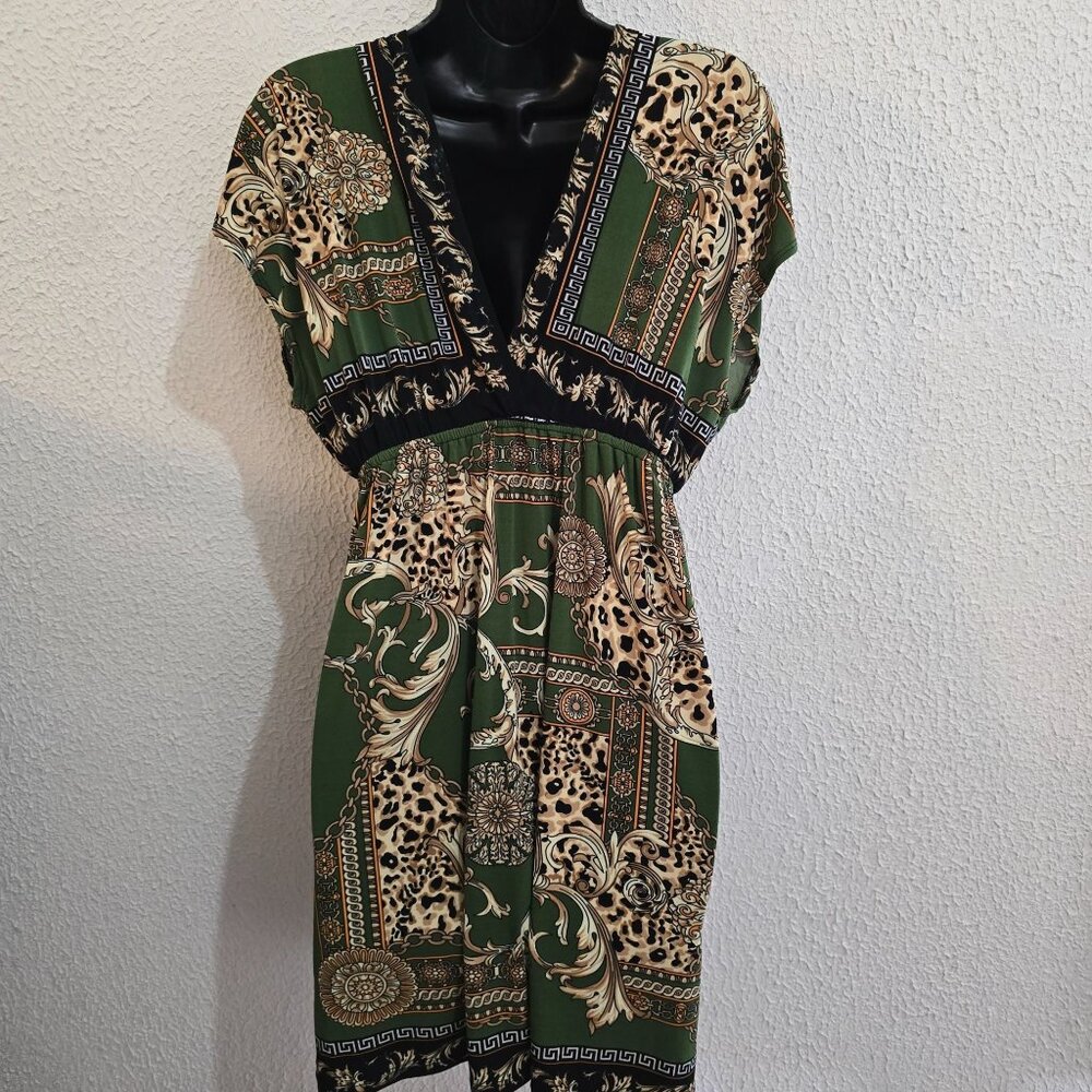 Vintage Style Snap Womens‎ Dress Size L Black Green Gold boeheim boho